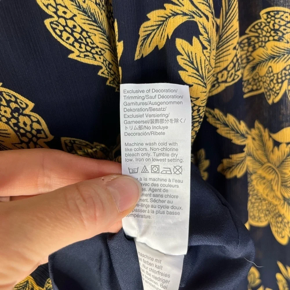 J Crew Smocked Ruched Chiffon Regal Gold Navy Floral Coquette Blouse Women Sz XS